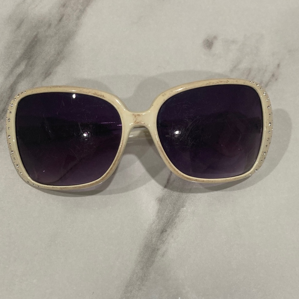 White Frame Sunglasses with Purple Lenses and Crystal Accents